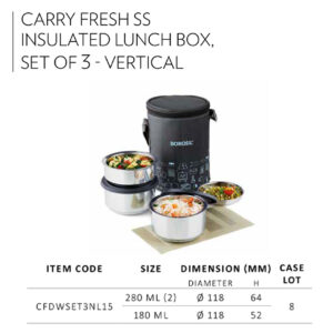 Carry Fresh SS Insulated Lunch Box, Set of 3 - Vertical